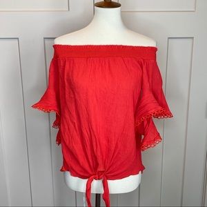 Main Strip Off Shoulder Flutter Sleeve Tie Waist L